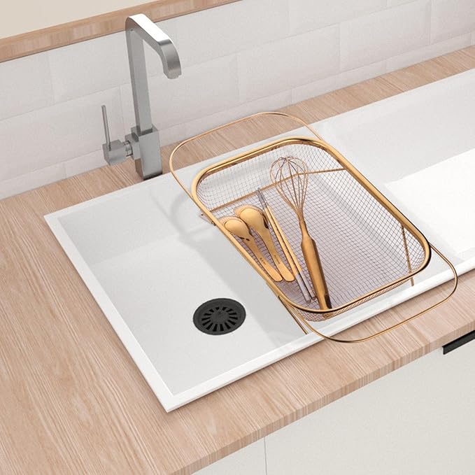 Over The Sink Colander, Rectangle Stainless Steel Over The Sink Strainer Basket For Kitchen Sink with Handles Fine Mesh Expandable Handy Kitchen Tool Kitchen Essentials (Rose Gold)