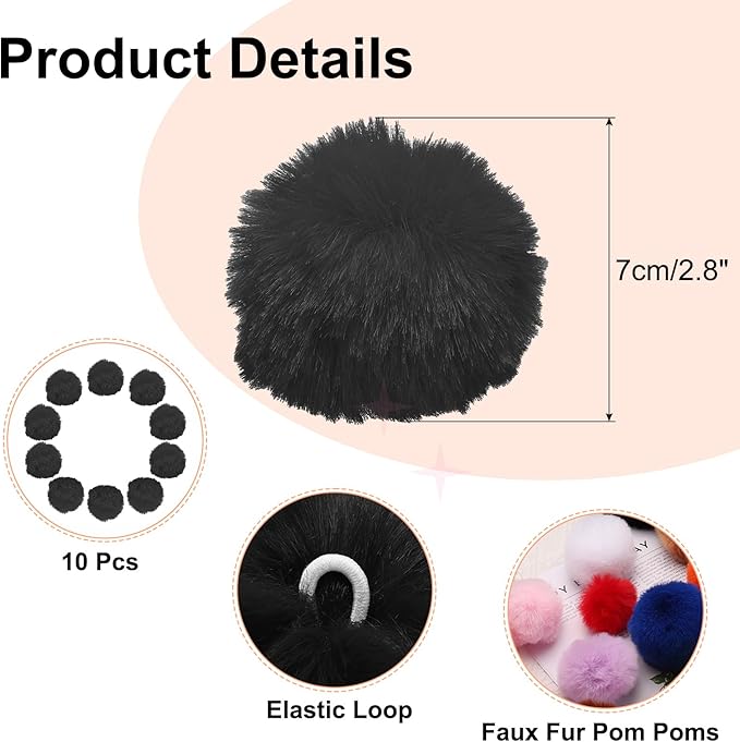 uxcell 2.8 Inch Faux Fur Pom Pom Balls, 10 Pcs Black Fluffy Soft Faux Fur Pom Poms for Hats with Elastic Loop for DIY Knitting Hats Keychain Scarves Gloves Bags Shoes Accessories