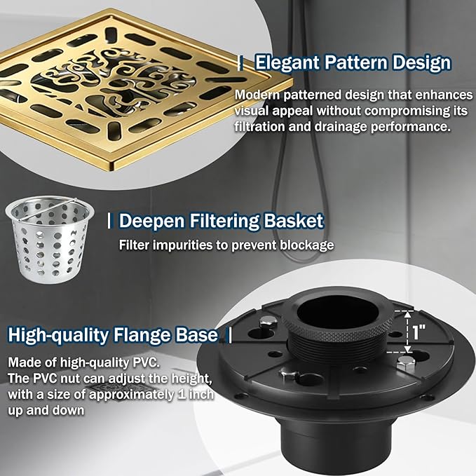 4 Inch Shower Drain, Square Shower Floor Drain Kit with Flange and Removable Cover Grate, AISI 304 Stainless Steel, Brushed Gold