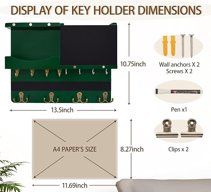 Key Holder for Wall Mount with Shelf and Mail Organizer, Key and Mail Holder with 16 Hooks, Farmhouse Entryway Organizer, Home Decor Rack (Pine Wood,Green)
