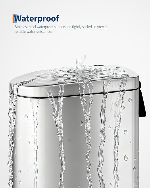 Stainless Steel Bathroom Trash Can with Lid, Slim Waterproof Garbage Can, Small Step-on Metal Trash Bin with Soft Close Lid, Inner Bucket & Rear Handle for Bathroom, Bedroom, Kitchen