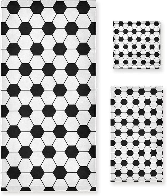 3 Piece Black and White Soccer Bath Towel Set,Microfiber Decorative Soccer Ball Sport Theme Football Print Bathroom Towels,1 Bath Towel 1 Hand Towel for Bathroom Kitchen,1 Washcloth for Face