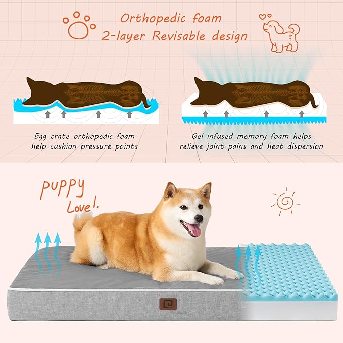 EHEYCIGA Memory Foam Dog Bed Orthopedic 35"x23"，Waterproof Pet Bed for Larged Size Dogs ，Washable Pet Mat with Removable Cover, Grey