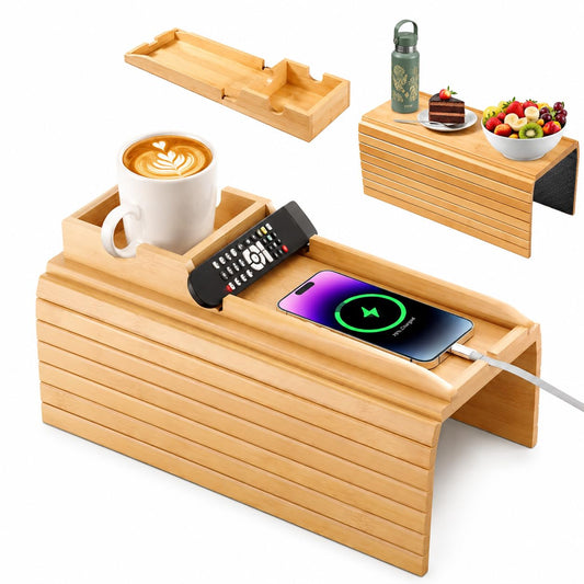 Bamboo Couch Cup Holder 3 in 1 Foldable Non-Slip Sofa Arm - Image 1