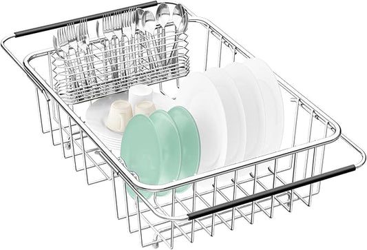 Large Dish Drainer Rack in Sink Adjustable, Expandable 304 Stainless Steel Metal Dish Drying Rack Organizer with Stainless Steel Utensil Holder Over Inside Sink Counter, Rustproof