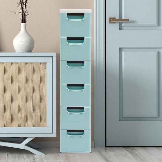 6 Drawers Storage Cart Rolling Storage Drawer Cart Narrow Plastic Dresser Rolling Organizer Cart Storage Unit on Wheels Bathroom Art Craft Supplies Mobile Slim Utility (Blue)