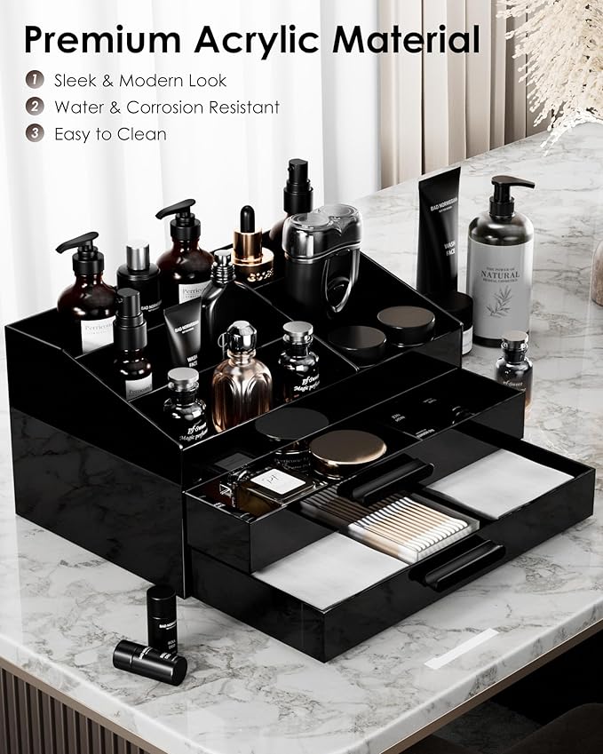 ProCase Cologne Organizer for Men with Drawer, Acrylic Perfume Holder & Bathroom Countertop Organizer for Men & Women, Dresser Vanity Storage for Cologne, Perfume and Skincare -2 Layer