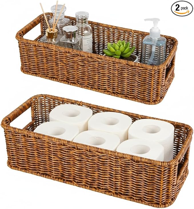 2Pack Toilet Paper Storage Basket, Small Wicker Basket For Toilet Paper Rolls, Waterproof Hand Woven Organizer Baskets Over Tank Topper, Shelf Baskets for Bathroom Countertop (Coffee Brown)