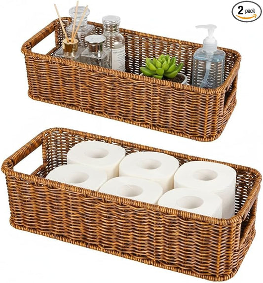 2Pack Toilet Paper Storage Basket, Small Wicker Basket For Toilet Paper Rolls, Waterproof Hand Woven Organizer Baskets Over Tank Topper, Shelf Baskets for Bathroom Countertop (Coffee Brown)