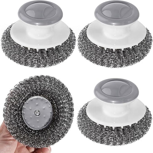 4 pcs Stainless Steel Scrubber with Handle，Heavy Duty Pot Scrubbers Dish Scrubber Cleaning Brush Wash for Dish