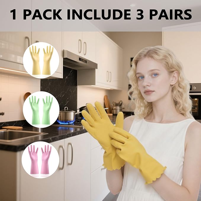 KINGFINGER Cleaning Gloves, 3 Pairs Reusable & Durable Glove, Latex-Free Rubber, for Household Cleaning