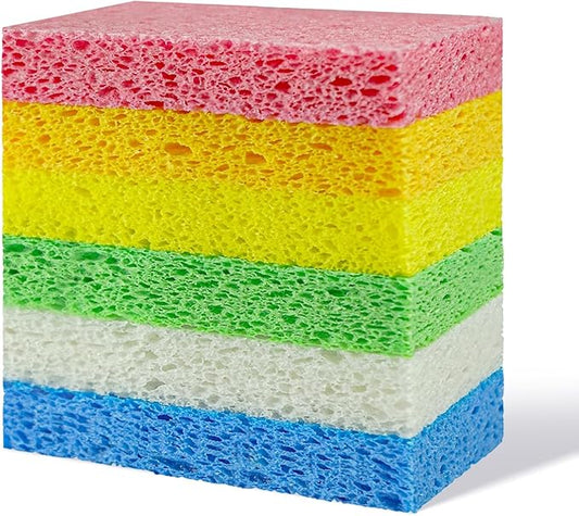 Non-Scratch Kitchen Sponges 6 PCS | Compressed Cellulose Sponges | Natural Biodegradable Sponge for Kitchen Dishes Bathroom Cars | DIY Cut-Outs