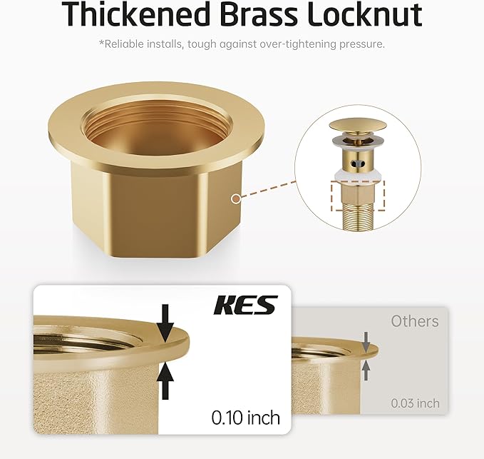 KES All Metal Bathroom Sink Drain with Strainer Basket Hair Catcher Anti Clog Pop Up Drain Stopper for Vanity Vessel Sink with Overflow, Rustproof 18/8 Stainless Steel Brushed Gold, S2013A-BZ
