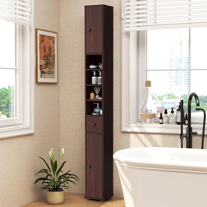 LDAILY 71”Tall Narrow Storage Cabinet, Skinny Bathroom Storage with 1 Drawer, 2 Doors, 5 Adjustable Shelves and Anti-Tipping Device, Wooden Slim Bathroom Cabinet for Office, Kitchen, Small Space