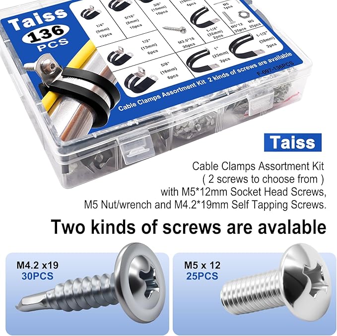 Taiss 136PCS Cable Clamps Assortment Kit 304 Stainless Steel Rubber Cushion Pipe Clamps 10 Sizes 1/4" 5/16" 3/8" 1/2" 5/8" 3/4" 1" 1-1/4" 1-1/2" 1-3/4" Metal Wire Clamps (with Two Kinds of Screws)
