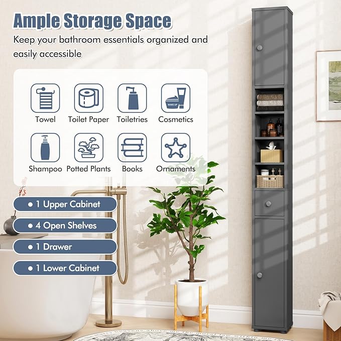 GOFLAME 71” Tall Bathroom Storage Cabinet, Narrow Freestanding Organizer with 1 Drawer, 2 Doors & 5 Open Shelves, Slim Bathroom Cabinet for Small Space, 8" x 8" x 71", Grey