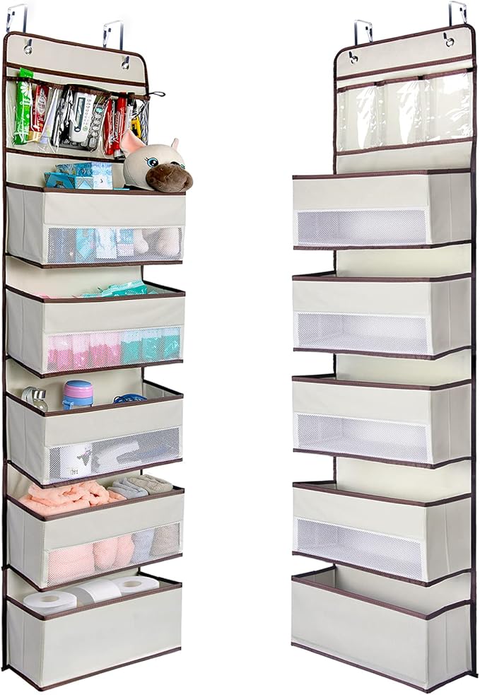 NesTidy Over The Door Organizer Storage 6 Layers, Wall Mount Hanging Organizer with 5 Large Pocket Organizers and 3 Small Pockets for Baby Essentials, Toys, Cosmetics, and Sundries (Beige, 1 Pack)