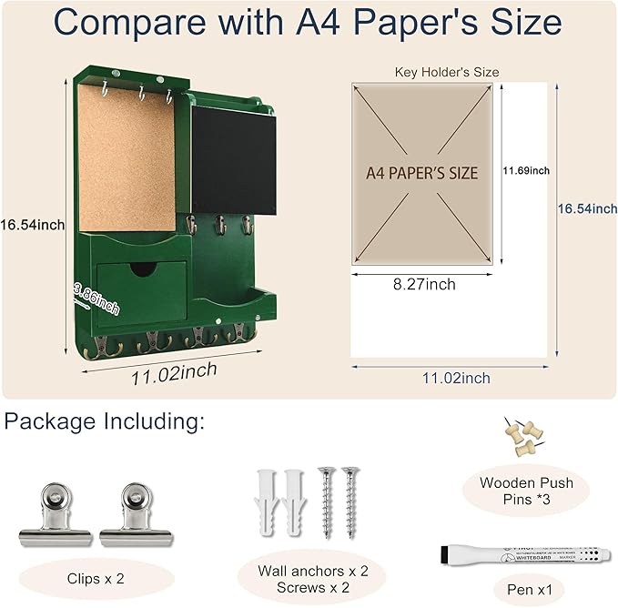 Key Holder Wall Mount， Mail Organizer Key Holder for Wall with Shelf, Drawer, Chalkboard, Corkboard, Home Decor Wall Mounted for Room Entryway (Green)