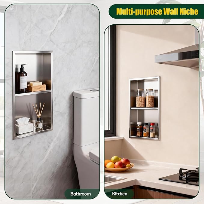 EasyVibe 304 Stainless Steel Shower Niche 24 x 12 Inch, No Tile Needed 2-Tier Recessed Bathroom Shelf Wall Insert, Waterproof Metal Bathroom Shelf Storage Organizer, Brushed Finish, Sliver