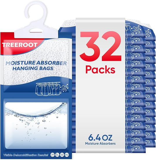 32 Pack Moisture Absorbers for Closet, 6.4OZ Hanging Closet Dehumidifier Bags, Hanging Humidity Absorber in Wardrobes, Kitchens and Bathrooms, Fragrance Free Portable Moisture bags