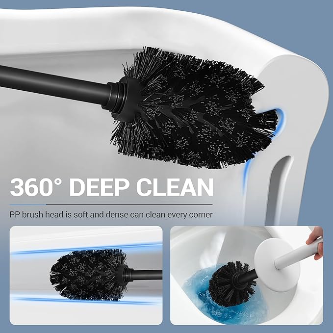 304 Stainless Steel Toilet Bowl Brush with Holder, 2 Black Bristle Heads- Toilet Scrubber and Covered Holder, Toilet Brushes for Bathroom-Space Saving, Covered Brush, Deep Cleaning (White)