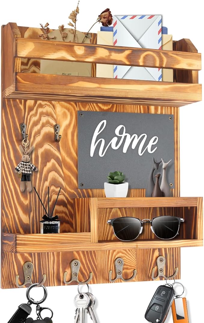 Large Key and Mail Holder Wall Mount, 12.5x16.5 Inch Solid Wood Key Racks for Entryway, Front Door, Hallway, Wall Organizer (Burnt Brown)
