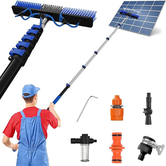 26Ft Reach Solar Panel Cleaning Brush Kit with 5-20ft Telescoping Pole - Telescopic Extension Pole with Dual Action Flip-Lock & Screw Fixing Design, Ideal for Snow Removal, Windows, Boats, RVs, Decks