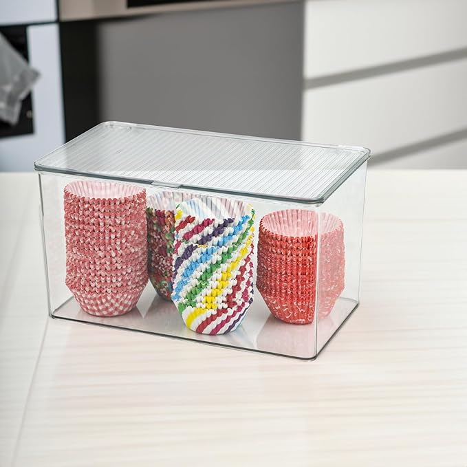 Clear Plastic Storage Bin with Lid, Organizer for Pantry, Office, Bathroom, Kitchen, Snack, Tea Bag, Coffee Container (Large)
