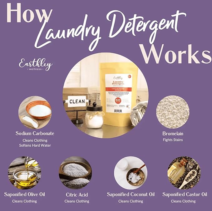 Earthley Wellness Laundry Detergent, Natural, Gentle & Effective for Sensitive Skin, Safe for Baby Clothes & Cloth Diapers, Biodegradable, Eco-Friendly, Plant-Based Cleaners (60 Loads, Citrus)