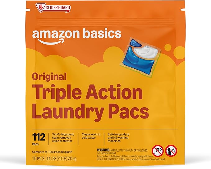Amazon Basics Laundry Detergent Pacs, Original Scent, Powerful Triple Action, 112 Count