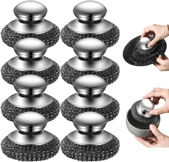 Steel Wool Scrubber, 2026 New Stainless Steel Scrubber with Handle, Kitchen Cleaning Tools for Cleaning Dishes, Iron Pots, Stoves, Wash Sink (8pcs)