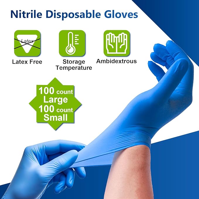 200 Count Nitrile Gloves Disposable Latex Free Assorted Sizes Disposable Gloves - Cleaning, Kitchen, Fix, Food Prep, Protective(Blue, Large 100 Count + Small 100 Count)