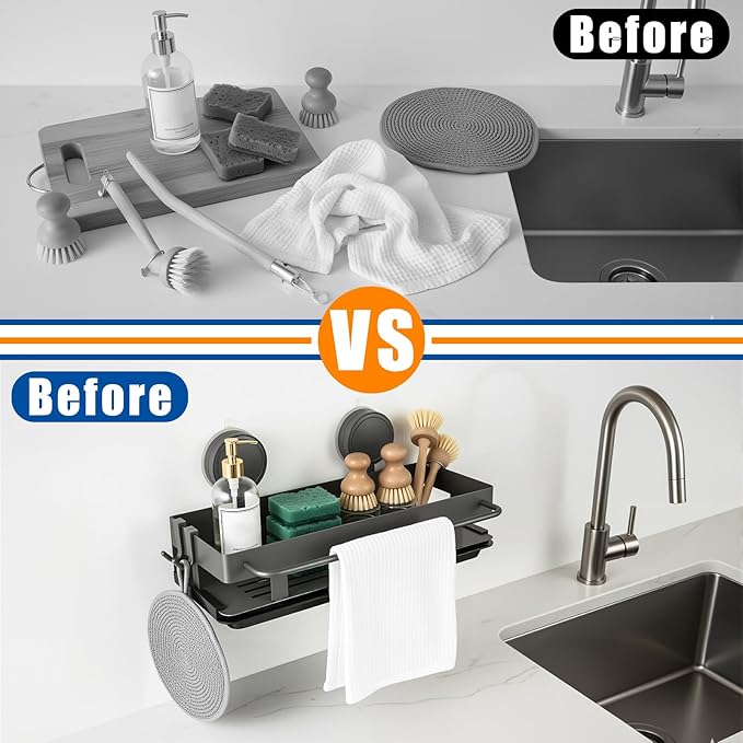 BZLMDXW Sponge Holder for Kitchen Sink, Sink Caddy Organizer with High Brush Holder 304 Rustproof Stainless, Kitchen Countertop Soap Dispenser Organizer, Decor and Accessories