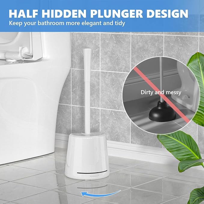 Toilet Plunger and Brush, Bowl Brush and Heavy Duty Toilet Plunger Set with Ventilated Holder, 2-in-1 Toilet Brush and Plunger Combo for 5.3-inch Toilet Drain Bathroom Cleaning (Black)
