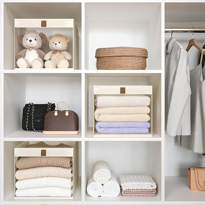 Linen Closet Organizers and Storage, Closet Storage Bins Basket Organizer, Foldable Organization Baskets with Mesh Window for Clothes Towels and Toys, 10.75" x 10.75" x 7.5", Beige, 2 pack