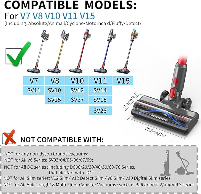 Vacuum Attachment for Dyson V7 V8 V10 V11 V15, SV10 SV11 SV12 SV14 SV15 SV22 SV25 SV27 SV28, Replacement Parts with 5 LEDs, 26cm V-Shaped Bristle Brush, Head Replacement for Carpet, Hardwood Floors