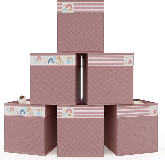 homyfort Cube Storage Organizer Bins, 12x12 Inch Fabric Bins for Cube Storage, Foldable Cloth Baskets Box with Handles for Organizing Clothes, Toys in Pantry, Closet Shelf, Nursery, Kids Room (Pink)