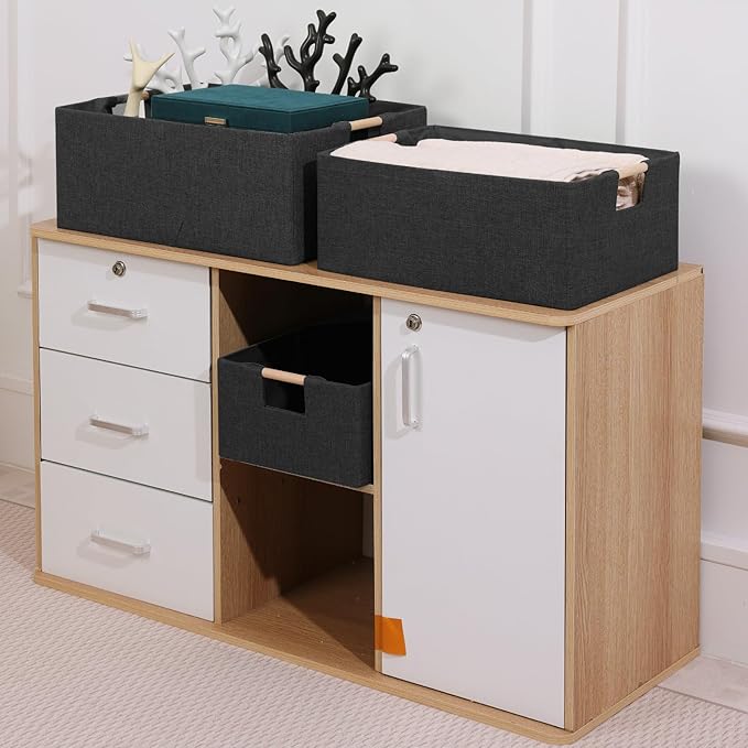 ANMINY 4PCS Storage Baskets for Organizing Collapsible Fabric Storage Bins Boxes with Wood Handles Closet Shelves Cube Organizer Bins Clothes Laundry Storage Container - Large, Black
