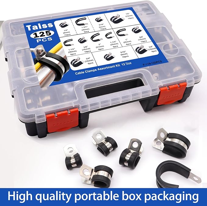 Taiss 125PCS Cable Clamps Assortment Kit 12 Sizes 3/16" 1/4" 5/16" 3/8" 1/2" 5/8" 3/4" 1" 1-1/4" 1-1/2" 1-3/4" 2" Wire Clamps,304 Stainless Steel Rubber Cushion Pipe Clamps,With Portable Handheld Box
