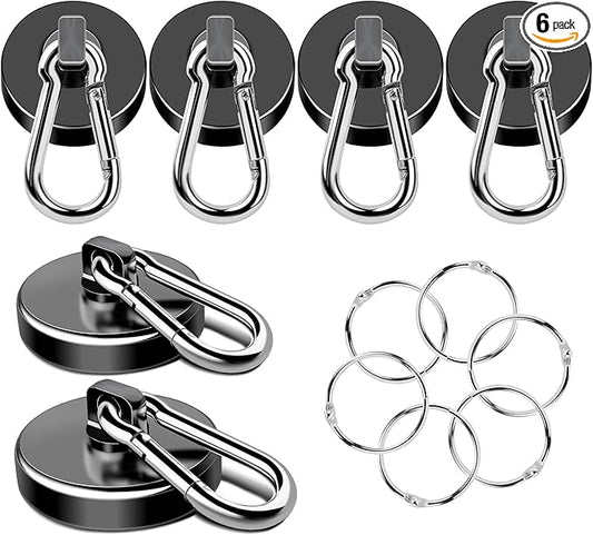 MIKEDE Strong Magnetic Hooks Heavy Duty, 110LB+ Swivel Neodymium Magnets with Carabiner Hook Black, Magnets with Hooks for Hanging, Magnet Hooks for Curtain, Home, Workplace - 6 Pack