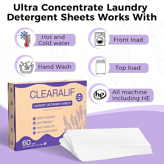 CLEARALIF Laundry Detergent Sheets, Up to 180 Loads, Fresh Lavender, liquidless, Eco-Friendly, Zero Waste, Save Space, Travel Laundry Strips for HE Machine