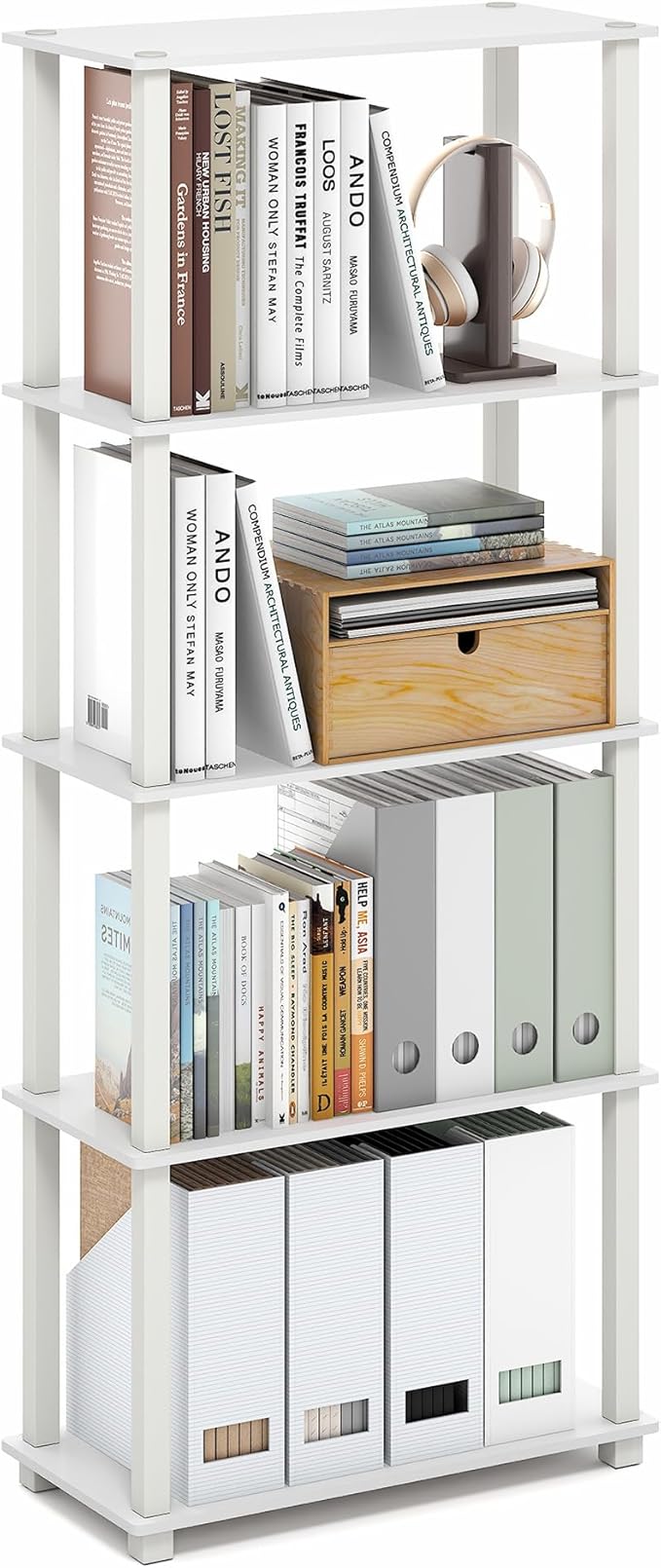 Furinno Turn-S-Tube Book Shelf, 5-Tier Toolless Storage Shelves with Square Tubes, Shelving Unit for Organization and Storage for Living Room, Home Office, White