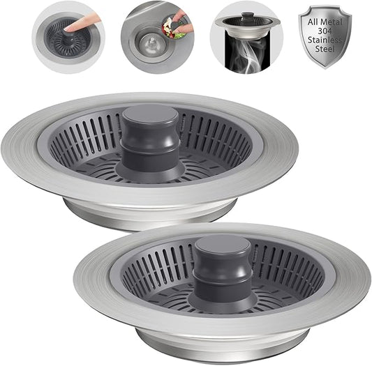 Sink Drain Strainer - Stainless Steel -Up Kitchen Sink Stopper Anti-Clog Kitchen Sink Strainer Basket for US Standard 3-1/2 Inch Drain (2 Pack)