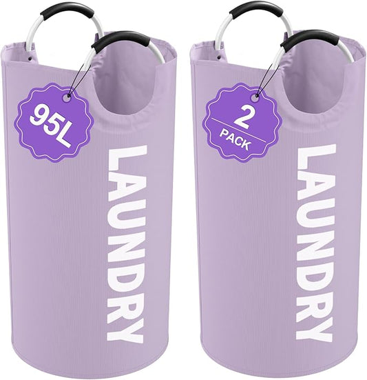 2Pack 95L Purple Collapsible Laundry Basket for Students, Large Laundry Hamper with Handles, Portable Dirty Clothes Hamper, 600D Oxford Fabric Storgae Basket for Bathroom, Dorm