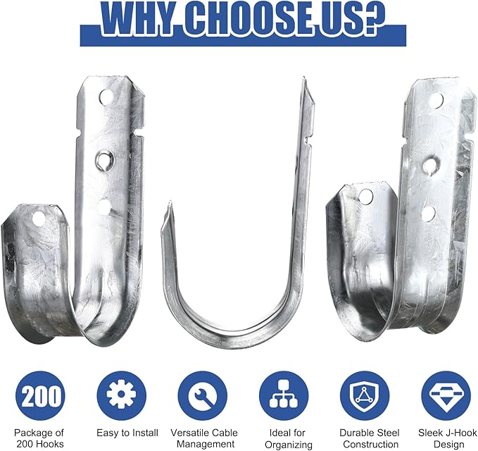 200 Pcs 2-Inch Cable Support, J Hooks Heavy Duty Galvanized Steel Cable Hook Wire Management J Hooks for Attaching Wall Mounting to Vertical Surfaces, Silver