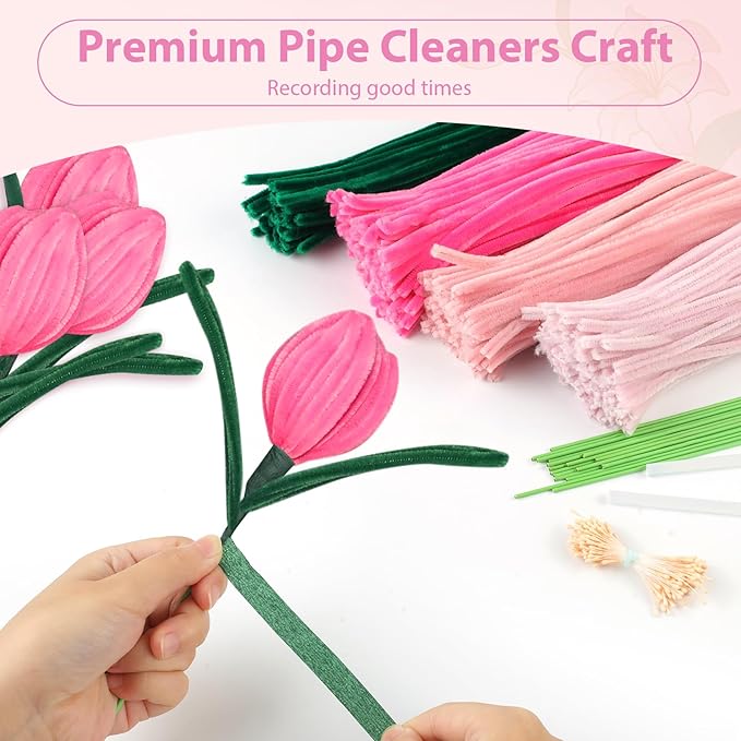 350 Piece Pipe Cleaner Craft, 4 Color Pipe Cleaners Bulk, Chenille Stems for DIY Flower Making Kits with Hot Melt Adhesive, Gardening Tape, Stamens (Pink)