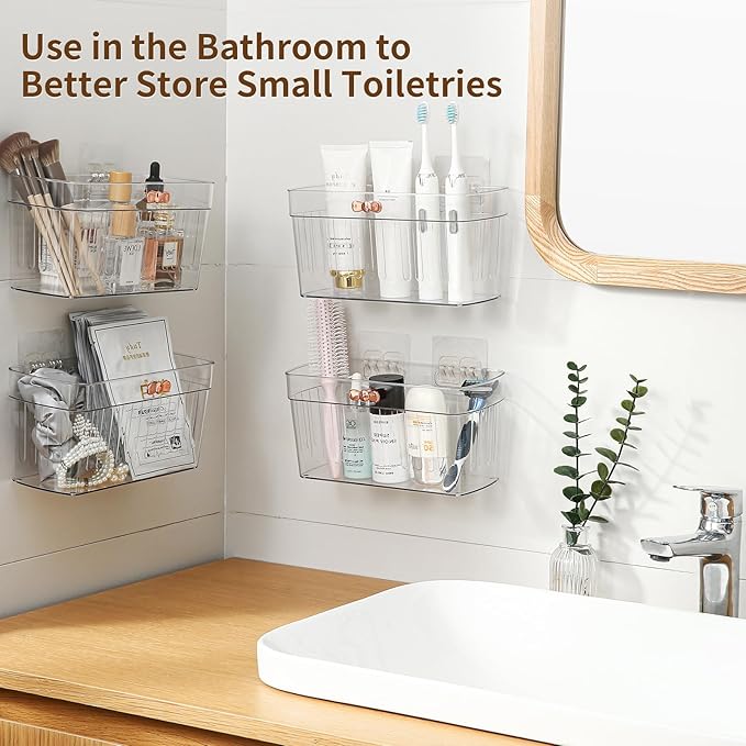 2 Pack Adhesive Cabinet Door Organizer, Compact Kitchen Under Sink Organizer, Clear Lid Storage Container for Pantry Shelves, Wall Mounted Bathroom Shower Caddy Hanging Closet Organizer