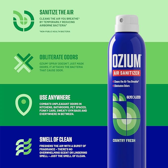 Ozium Air Sanitizer Spray - Room Odor Eliminator for Home, Car, and Office - Country Fresh Air Cleaner - 8 oz Can - 6 Pack