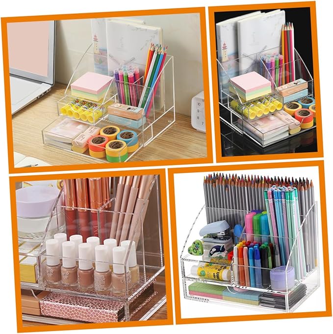 DECHOUS Desktop Acrylic Organizer with Drawer Transparent Multi-compartment Storage Case for Office Supplies Makeup and Items for Use