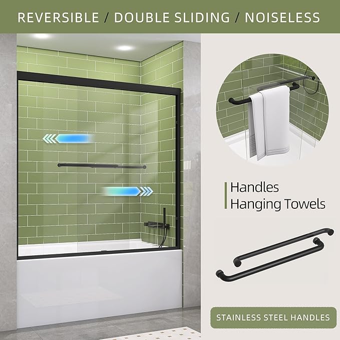 GETPRO Tub Shower Door Sliding 56-60 in. W x 58 in. H Semi-Frameless Bypass Double Sliding Bathroom Glass Tub Door,1/4 inch Clear Tempered Glass Bathtub Door Matte Black